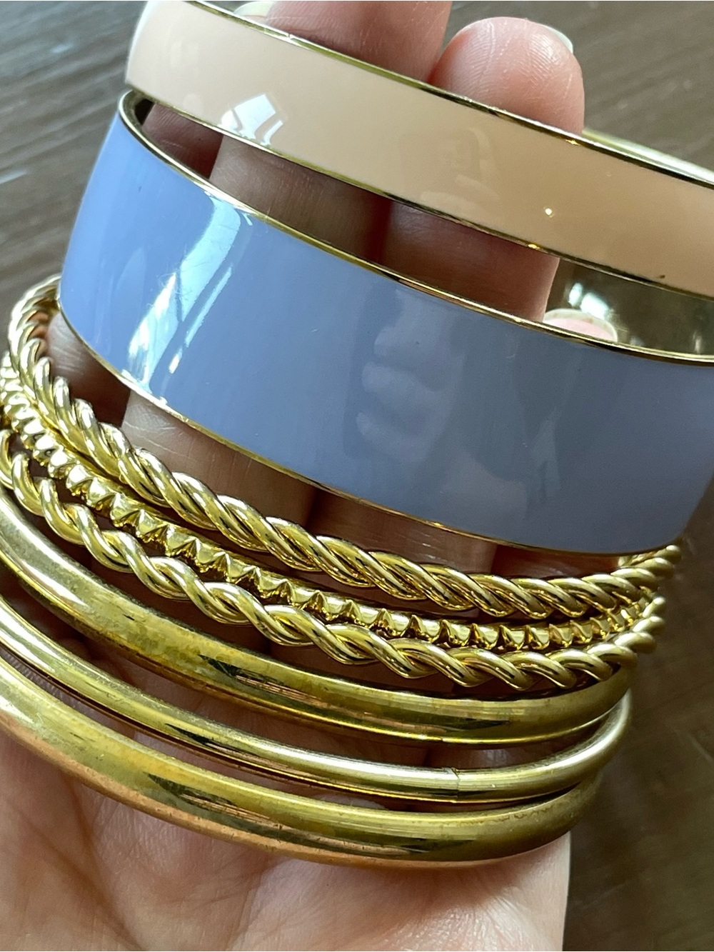 J Crew Gold Tone Bracelet Stack w/ Periwinkle and Blush Pink Enameled Bracelets - Picture 3 of 9